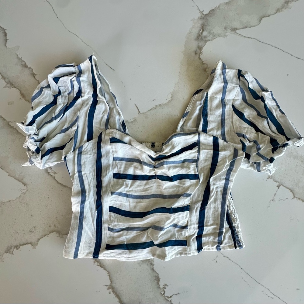 Nectar Clothing Striped Puff Sleeve Cropped Top SIZE S